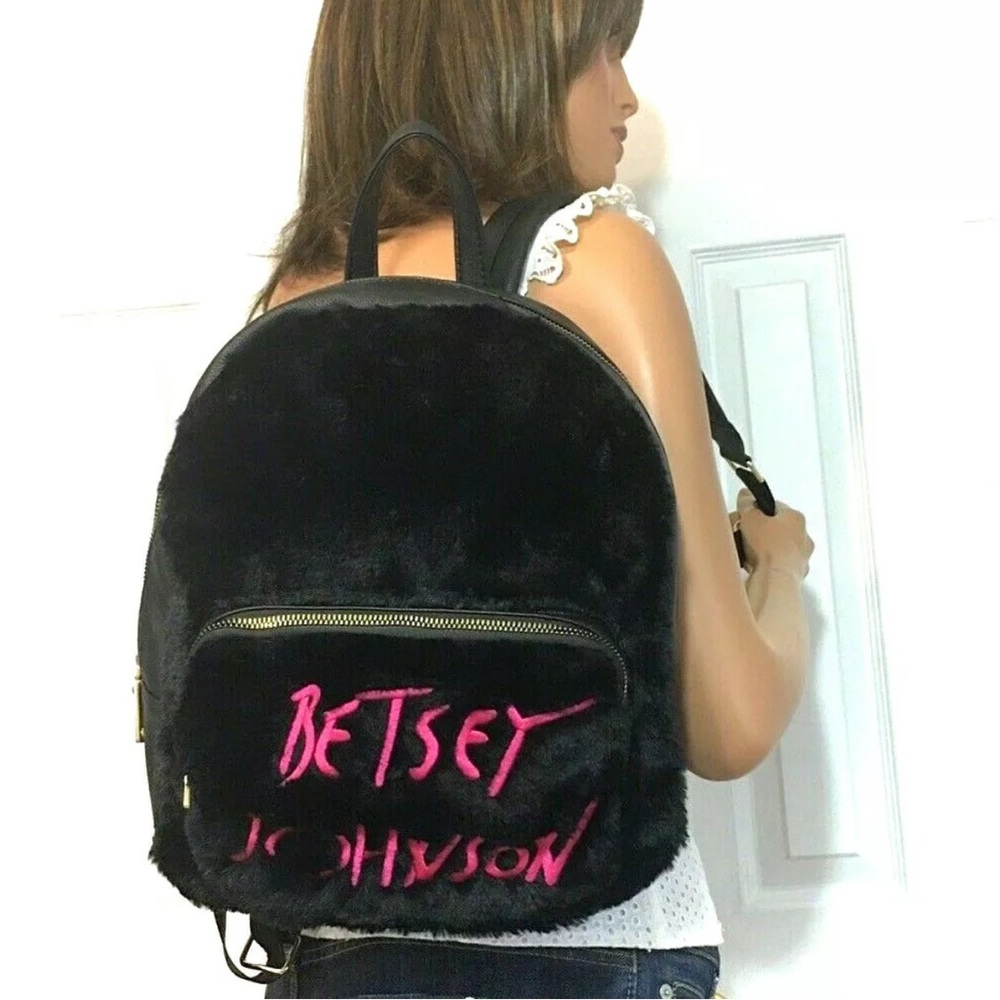 Betsey Johnson Soft Faux Fur Backpack Black Bag
